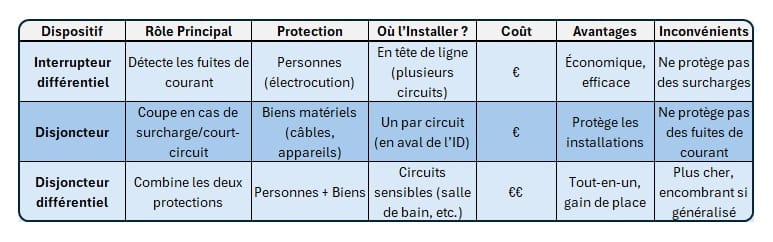 Tableau récapitulatif des dispositifs de protection électrique par Altéa Automation
